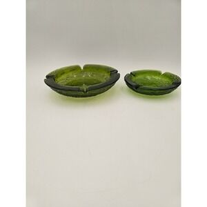 Vintage Anchor Hocking Green Glass Soreno Ashtray Set Mid Century Modern 2 Piece